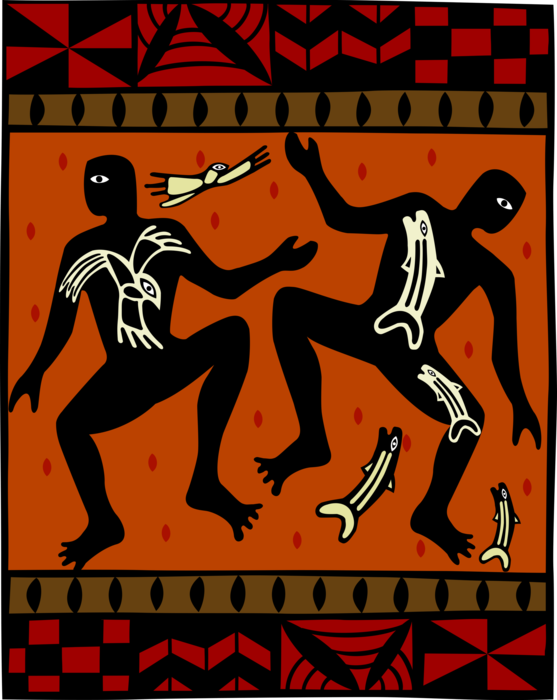 Vector Illustration of Native American Art with Symbols of People Dancing, Birds and Fish