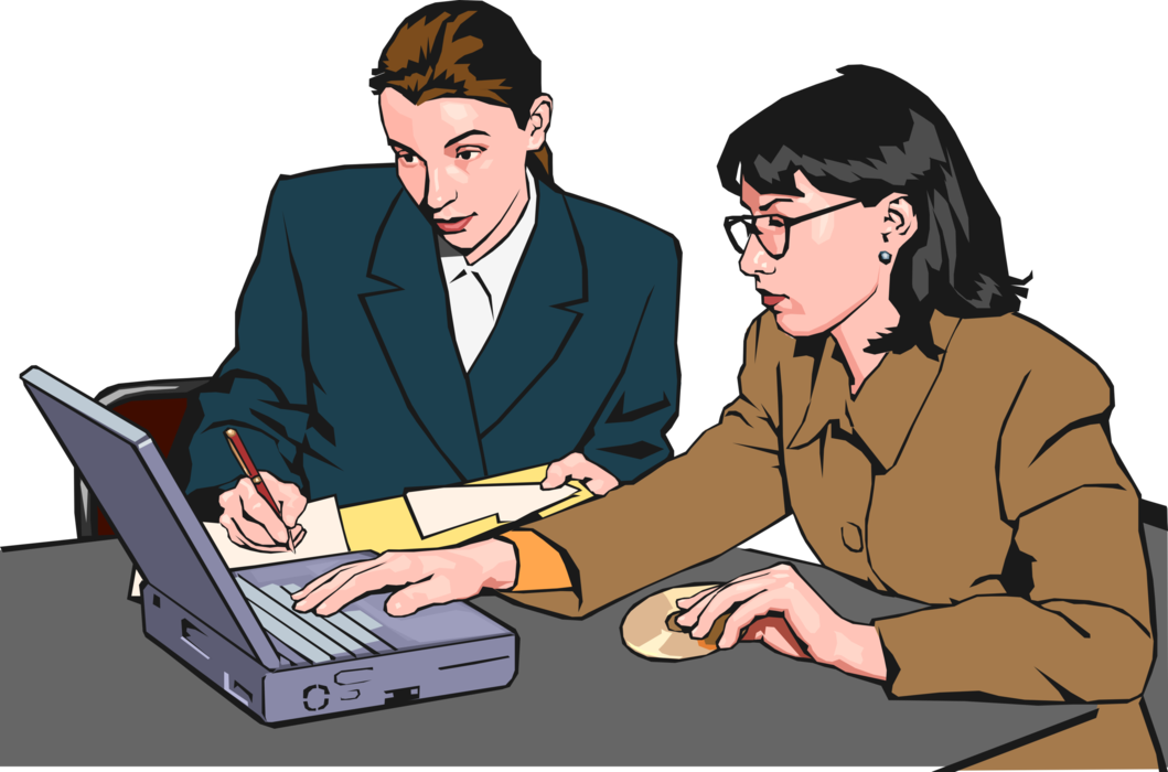 Vector Illustration of Women in the Workplace Analyze Computer Data