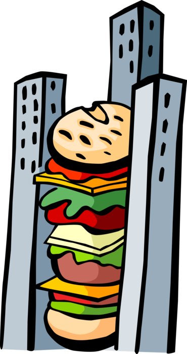 Vector Illustration of Fast Food Multi-Decker Hamburger and Buildings