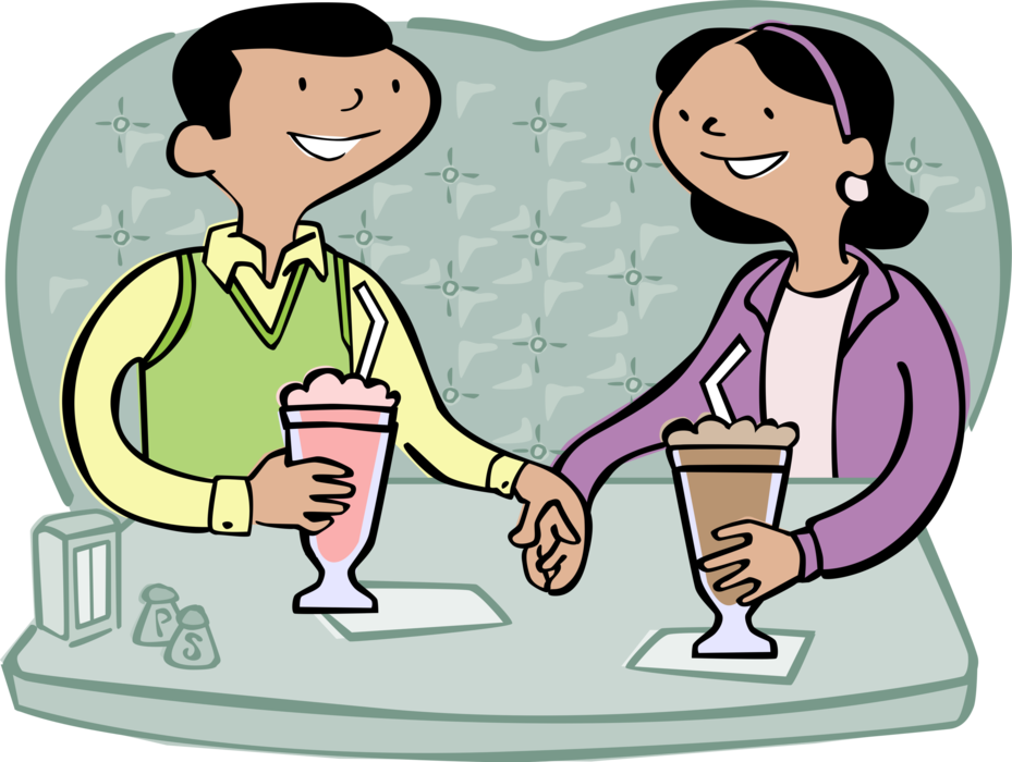 Vector Illustration of High School Romance Couple Drinking Milk Shakes at Soda Fountain