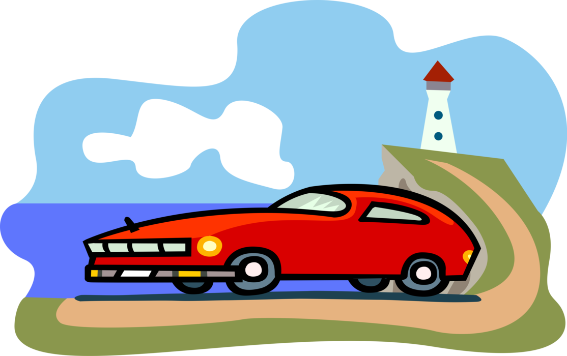 Vector Illustration of Sports Car at the Seashore Beach with Lighthouse