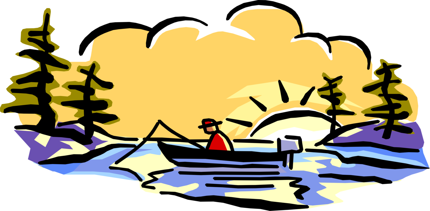 Vector Illustration of Sport Fisherman Angler Fishing on Secluded Lake at Sunset