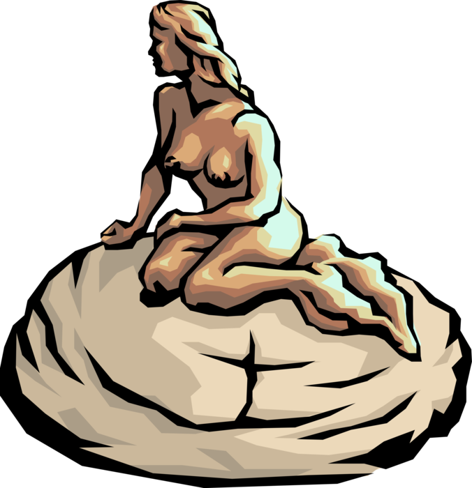 Vector Illustration of Legendary Little Mermaid Bronze Statue by Edvard Eriksen in Copenhagen, Denmark