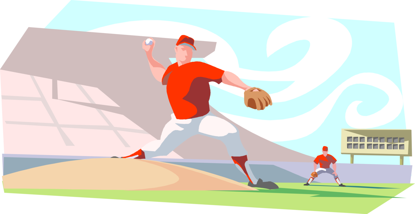 Vector Illustration of American Pastime Sport of Baseball Pitcher Throwing Ball from Pitcher's Mound During Game