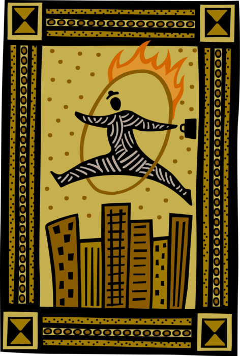 Vector Illustration of Leaping Through Hoop of Fire Metaphor