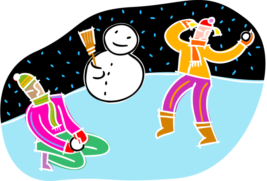 Vector Illustration of Children Building Snowman Anthropomorphic Snow Sculpture After Winter Snowstorm