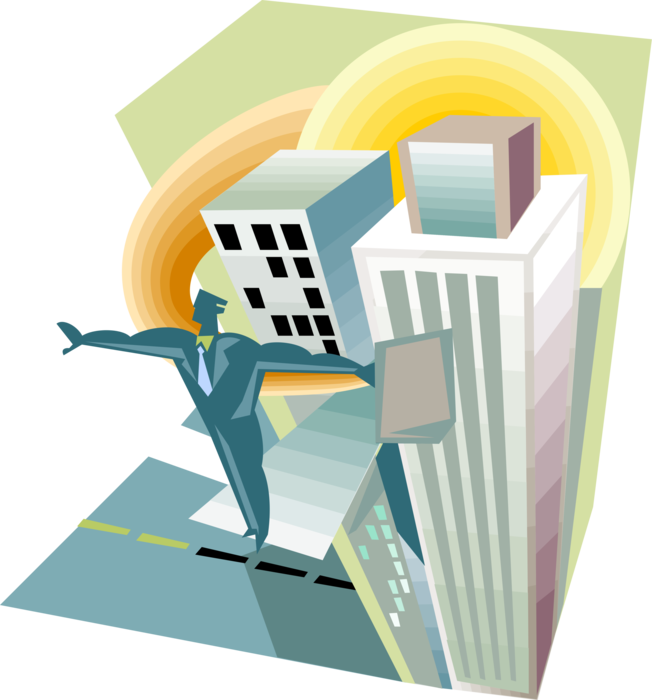 Vector Illustration of Businessman Prepares to Dive From Building with Briefcase or Attaché Case
