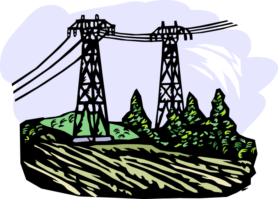 Vector Illustration of Transmission Towers Carry Electrical Power Lines to Distribute Electricity