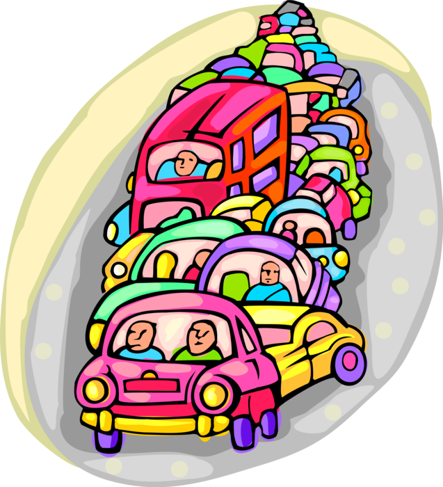 Vector Illustration of Highway Expressway Automobile Traffic Congestion at Rush Hour
