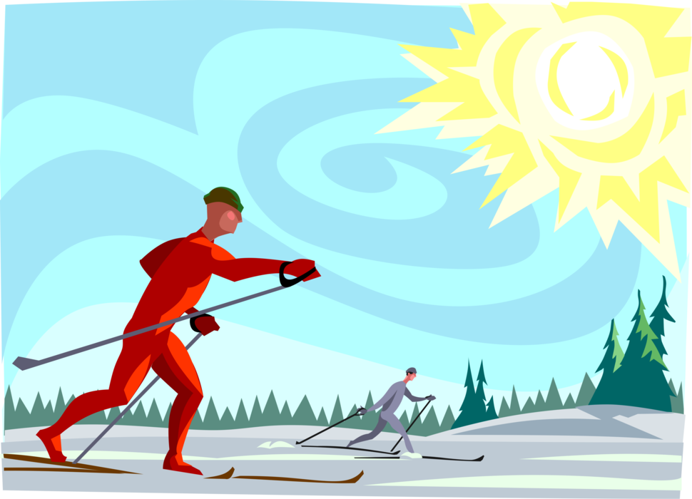 Vector Illustration of Cross-Country Nordic Skiers Skiing on Sunny Winter Day