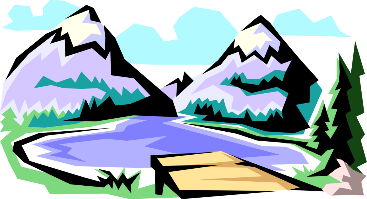 Vector Illustration of The Great Outdoors Mountain Scene with Lake and Dock