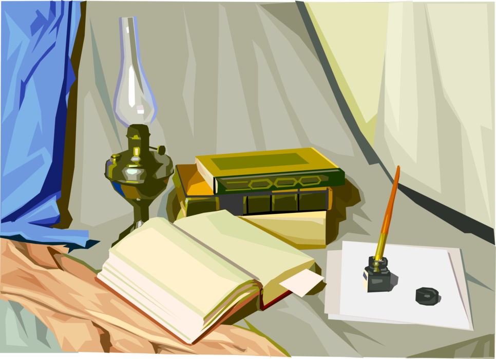 Vector Illustration of Kerosene Oil Lamp Hurricane Lantern with Pen, Inkwell and Writing Paper and Books