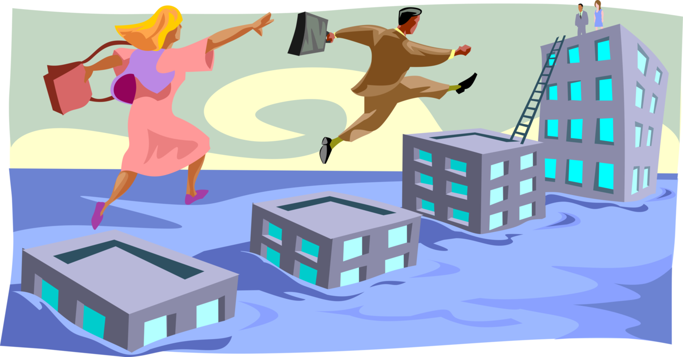 Vector Illustration of Man and Woman Stepping Over Buildings to Reach Safety