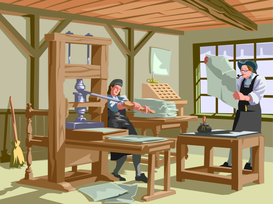 Vector Illustration of American Old West with Printers Printing News on Printing Press