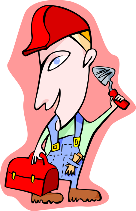 Vector Illustration of Construction Worker with Toolkit and Masonry Trowel