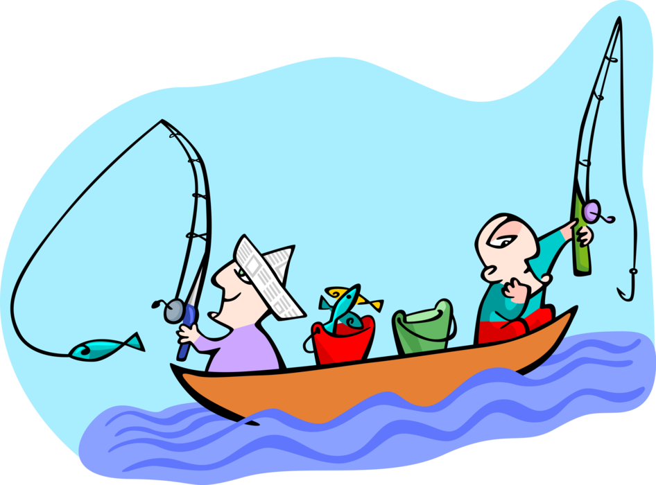 Vector Illustration of Fishermen in Boat Catch Fish, One Catches More than the Other