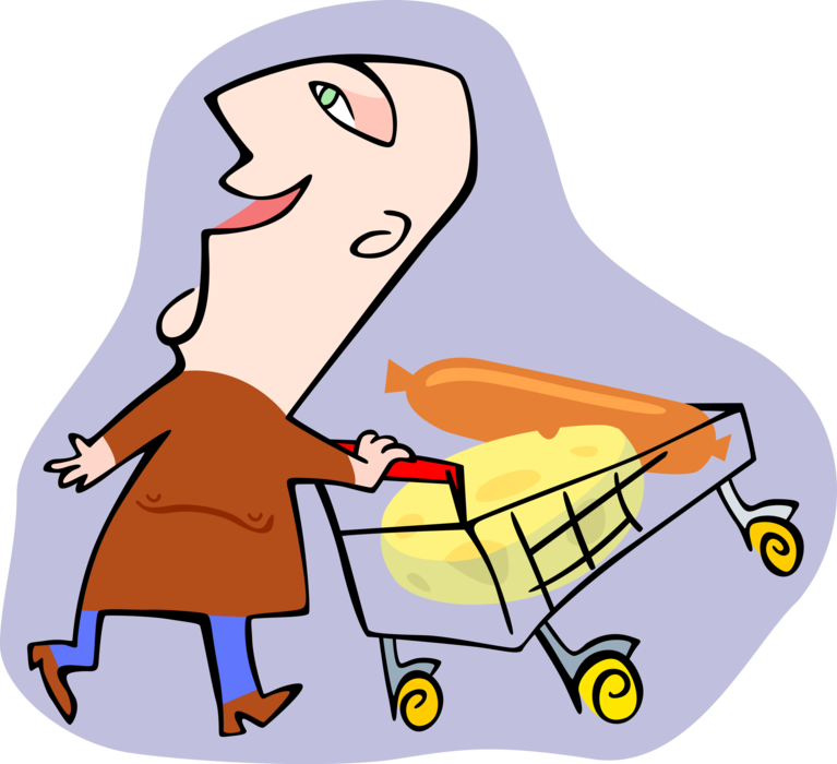 Vector Illustration of Grocery Shopper on Supermarket Shopping Spree with Groceries in Cart