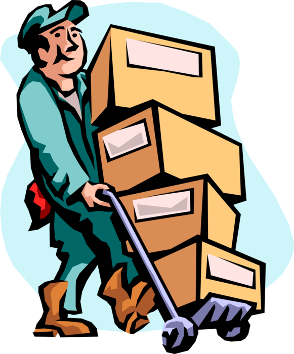 Vector Illustration of Professional Mover Moving Boxes on Handcart Dolly