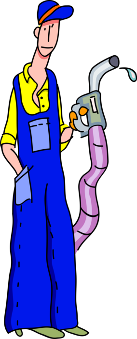 Vector Illustration of Gas Station Service Attendant with Gas Pump and Hose