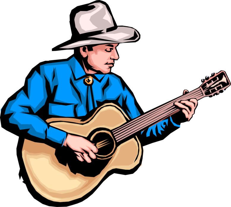 Vector Illustration of Western Cowboy Country Musician Playing Acoustic Guitar Musical Instrument