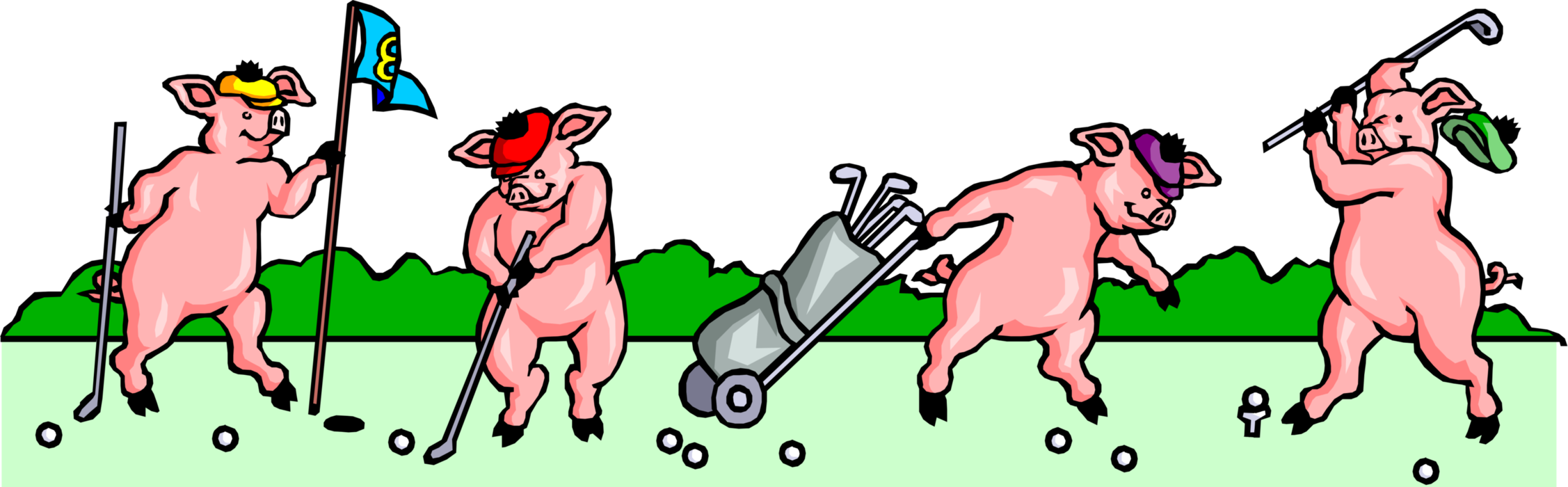 Vector Illustration of Sport of Golf Golfing Pigs Play Round of Golf
