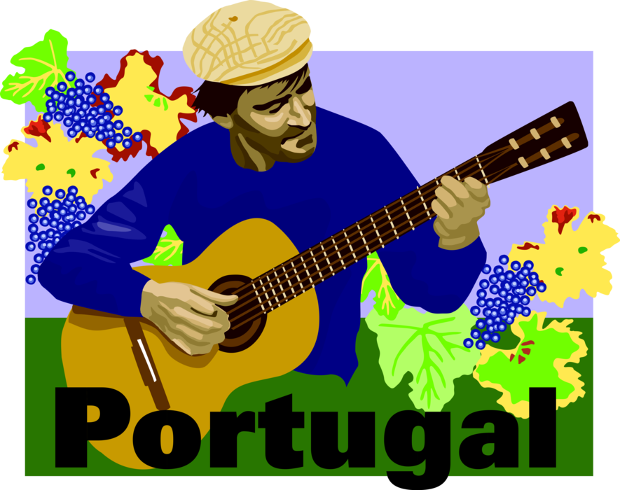Vector Illustration of Portugal Postcard Design with Acoustic Guitarist and Grape Vineyards