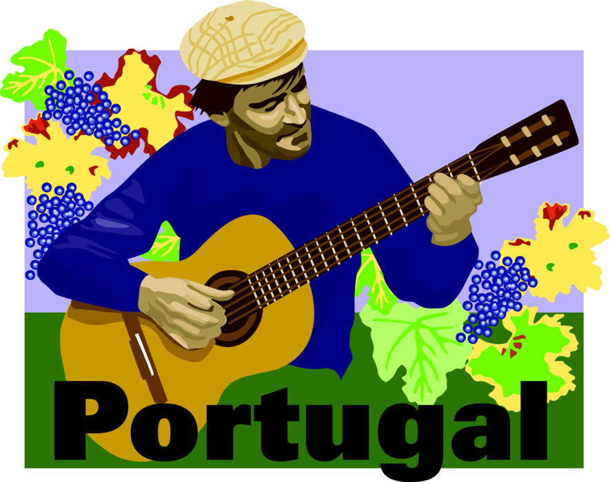 Vector Illustration of Portugal Postcard Design with Acoustic Guitarist and Grape Vineyards