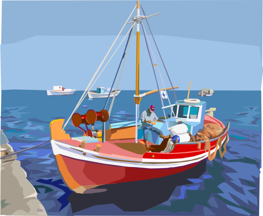 Vector Illustration of Fishing Boat at Dock as Fisherman Angler Repairs Nets