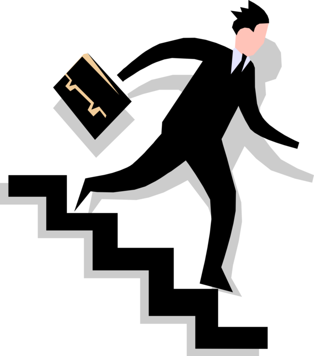 Vector Illustration of Businessman Hurries Down Stairs with Briefcase