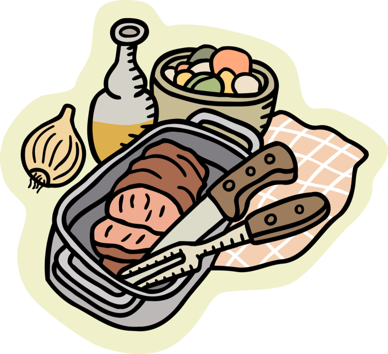 Vector Illustration of Meatloaf Dinner in Cooking Pan with Vegetables