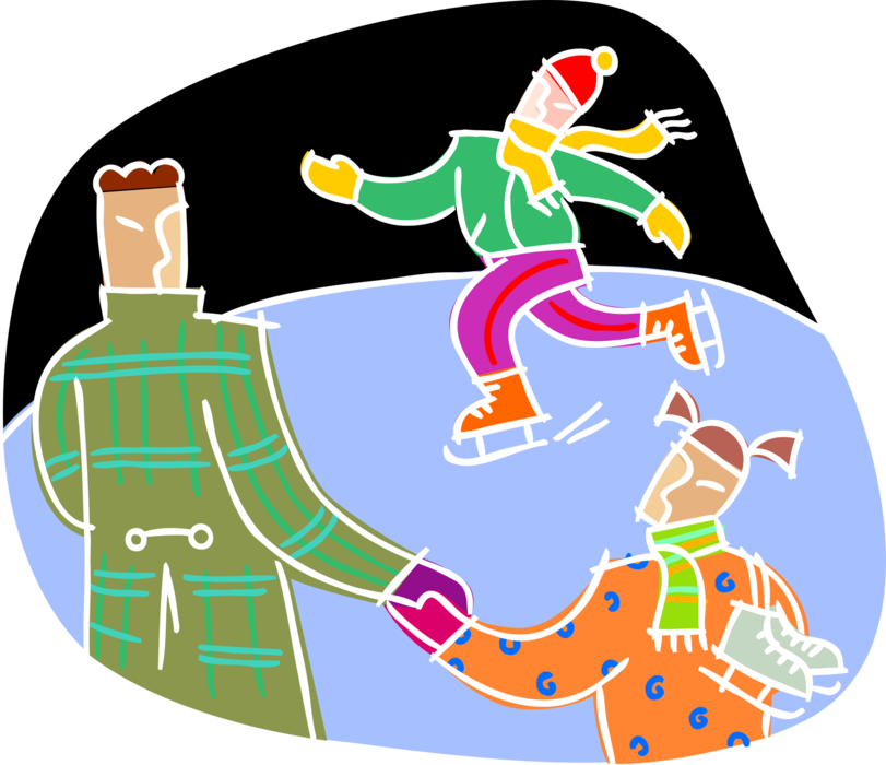 Vector Illustration of Family Ice Skating on Frozen Pond in Winter with Skates