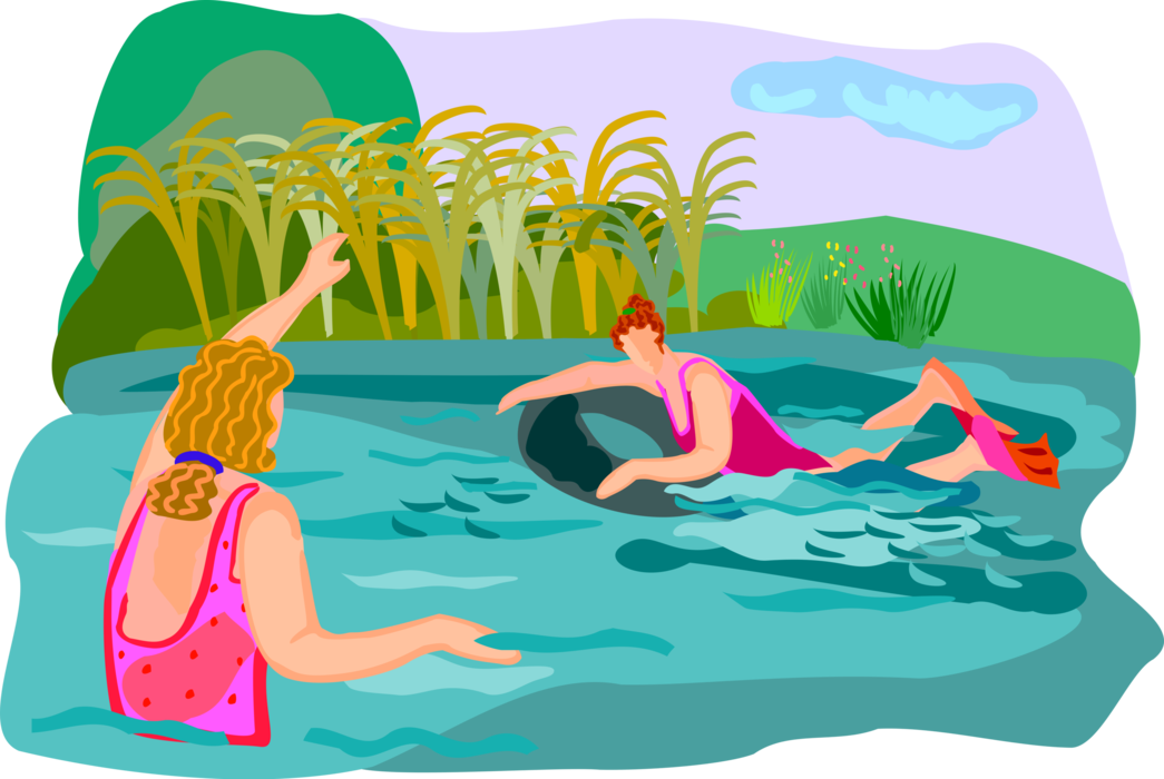 Vector Illustration of Summer Swimming with Boogie Board and Fins in Ocean