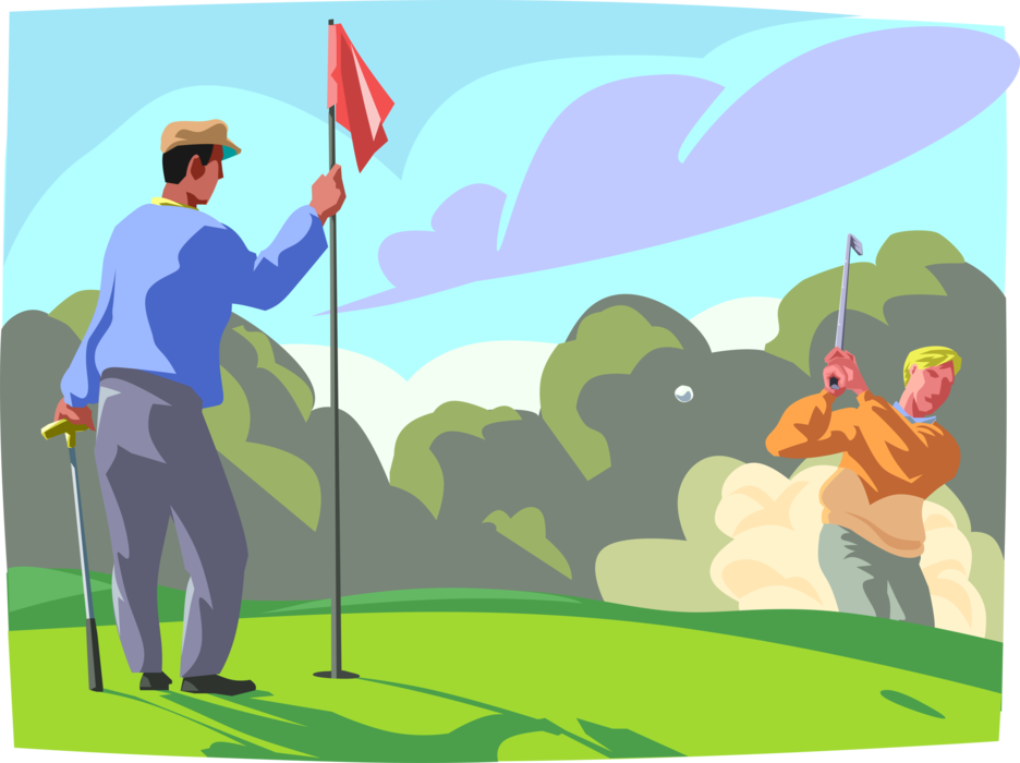 Vector Illustration of Sport of Golf Golfer Chipping in from the Fringe to the Green on Golf Course