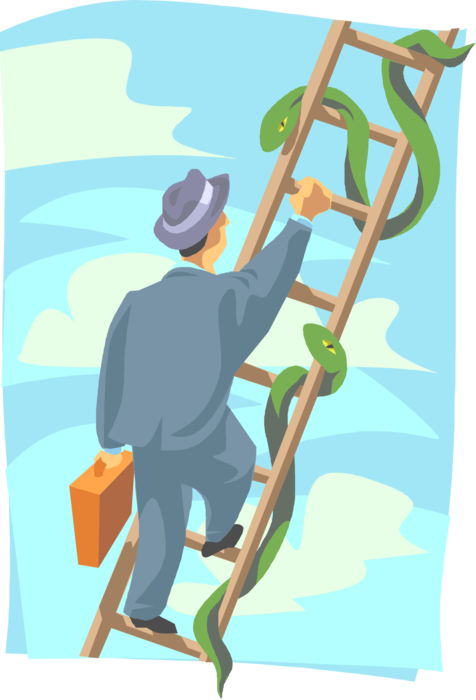 Vector Illustration of Businessman Climbing the Ladder with Reptile Snake Obstacles