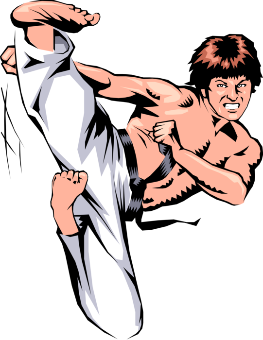 Vector Illustration of Focused Self-Defense Martial Artist Performing Kick