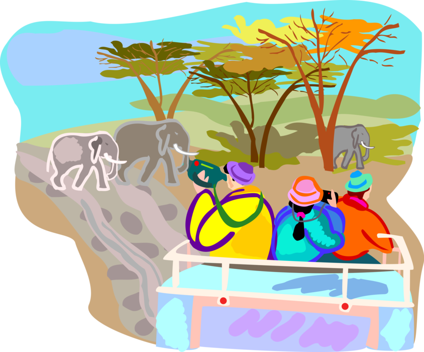 Vector Illustration of Tourists on Vacation on African Safari Tour Video Herd of Elephants