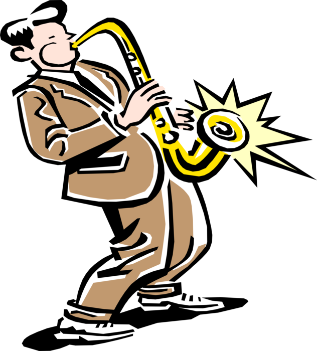 Vector Illustration of Jazz Musician Plays Saxophone Brass Single-Reed Mouthpiece Woodwind Instrument