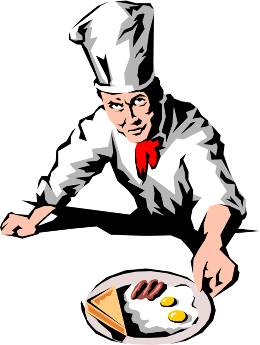 Vector Illustration of Culinary Cuisine Restaurant Chef with Healthy Breakfast of Bacon, Eggs and Toast