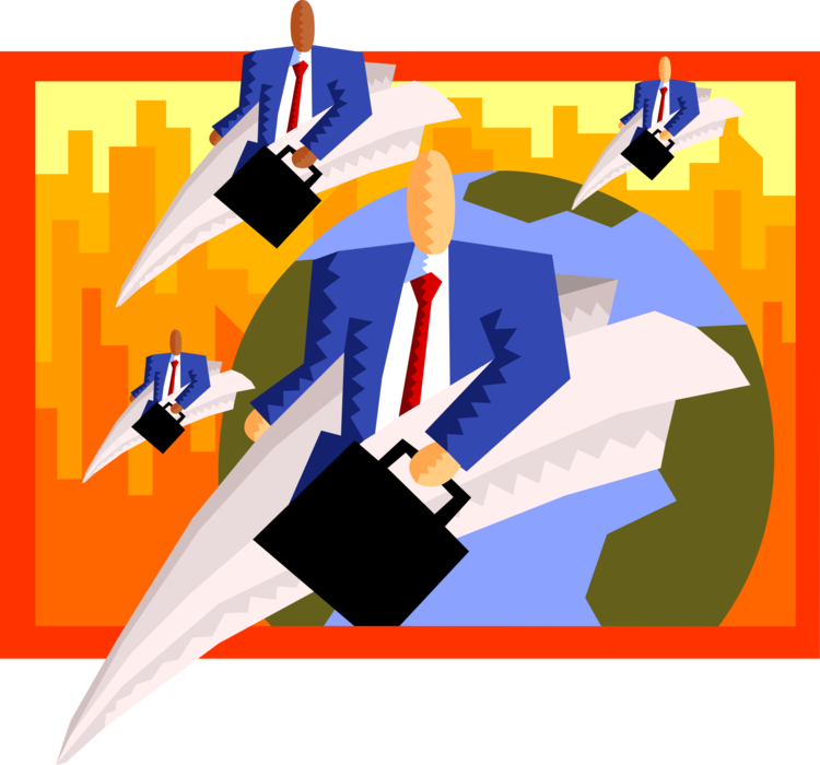 Vector Illustration of Businessman with Briefcase Air Travel in Paper Airplanes