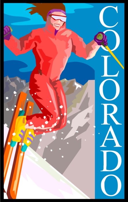 Vector Illustration of Colorado State Postcard Design Featuring Downhill Skiing
