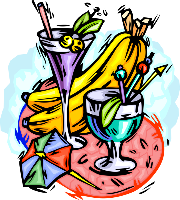 Vector Illustration of Tropical Fruit Cocktail Beverages with Bananas