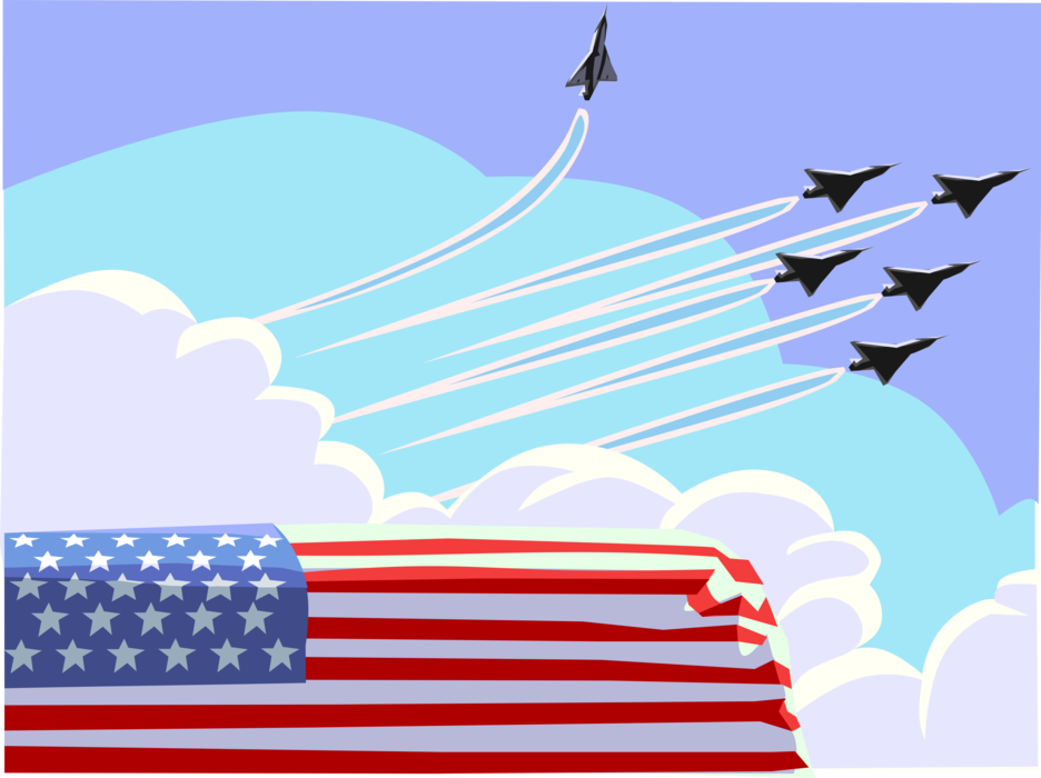 Vector Illustration of Air Force Funeral Tribute with Fighter Jets and Coffin for Fallen Patriot Warrior