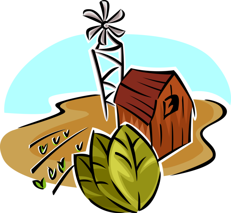 Vector Illustration of Tobacco Smoking Farming Crop with Windmill and Barn