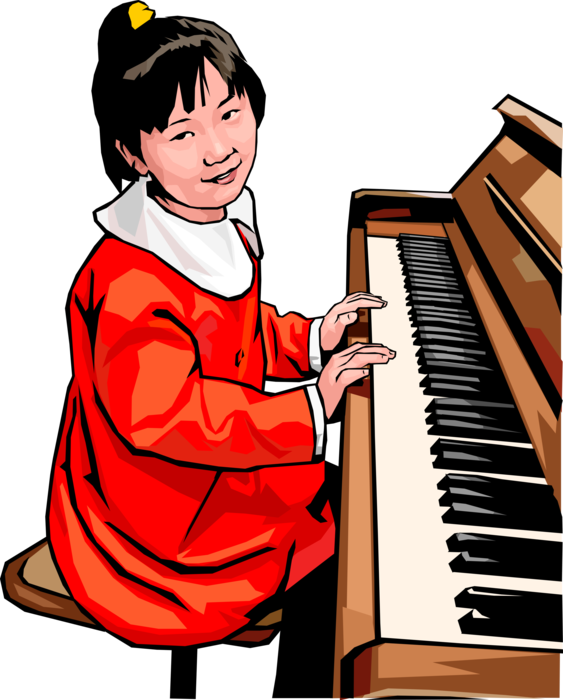 Vector Illustration of Young Girl Sits at Piano Keyboard Learning to Play Musical Instrument