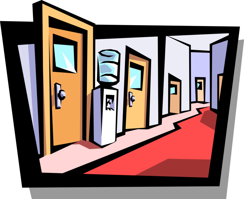 Vector Illustration of Office Hallway with Doors and Water Cooler