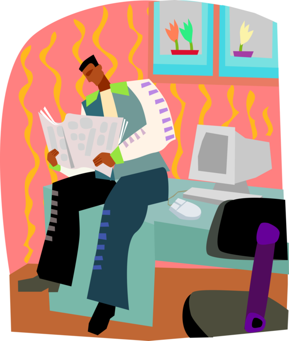 Vector Illustration of Businessman at Work Gets Caught Up on News