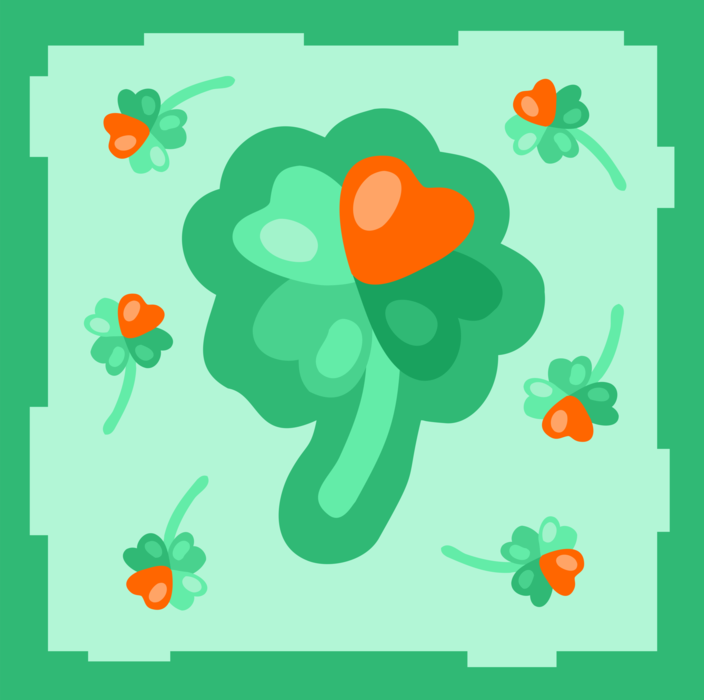 Vector Illustration of Four-Leaf Clovers with Red Romance Love Hearts