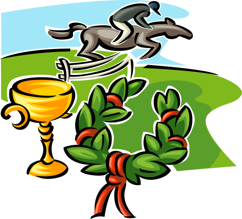 Vector Illustration of Equestrian Rider on Horse with Winner's Trophy and Wreath