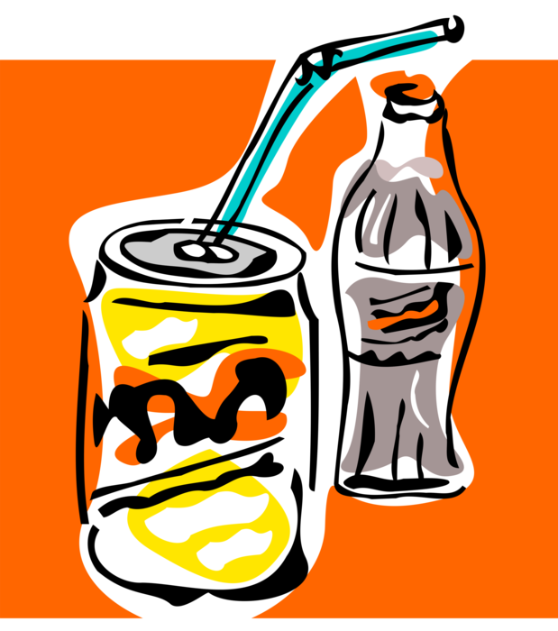 Vector Illustration of Soda Can with Straw and Coca Cola Coke Bottle