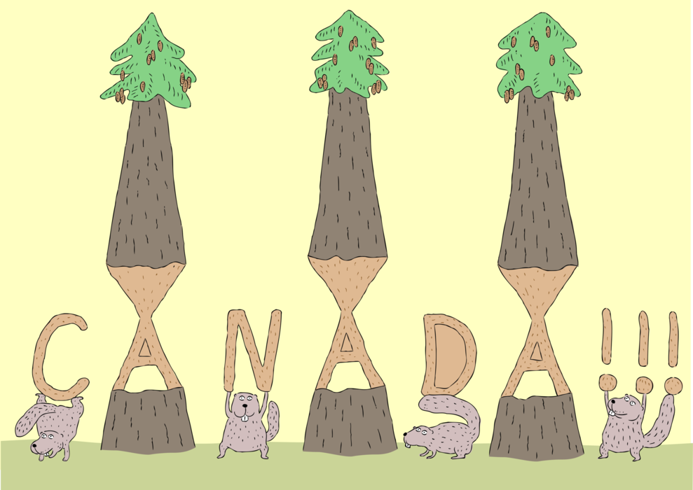 Vector Illustration of Canada Postcard Design with Beavers and Coniferous Evergreen Tree Forest